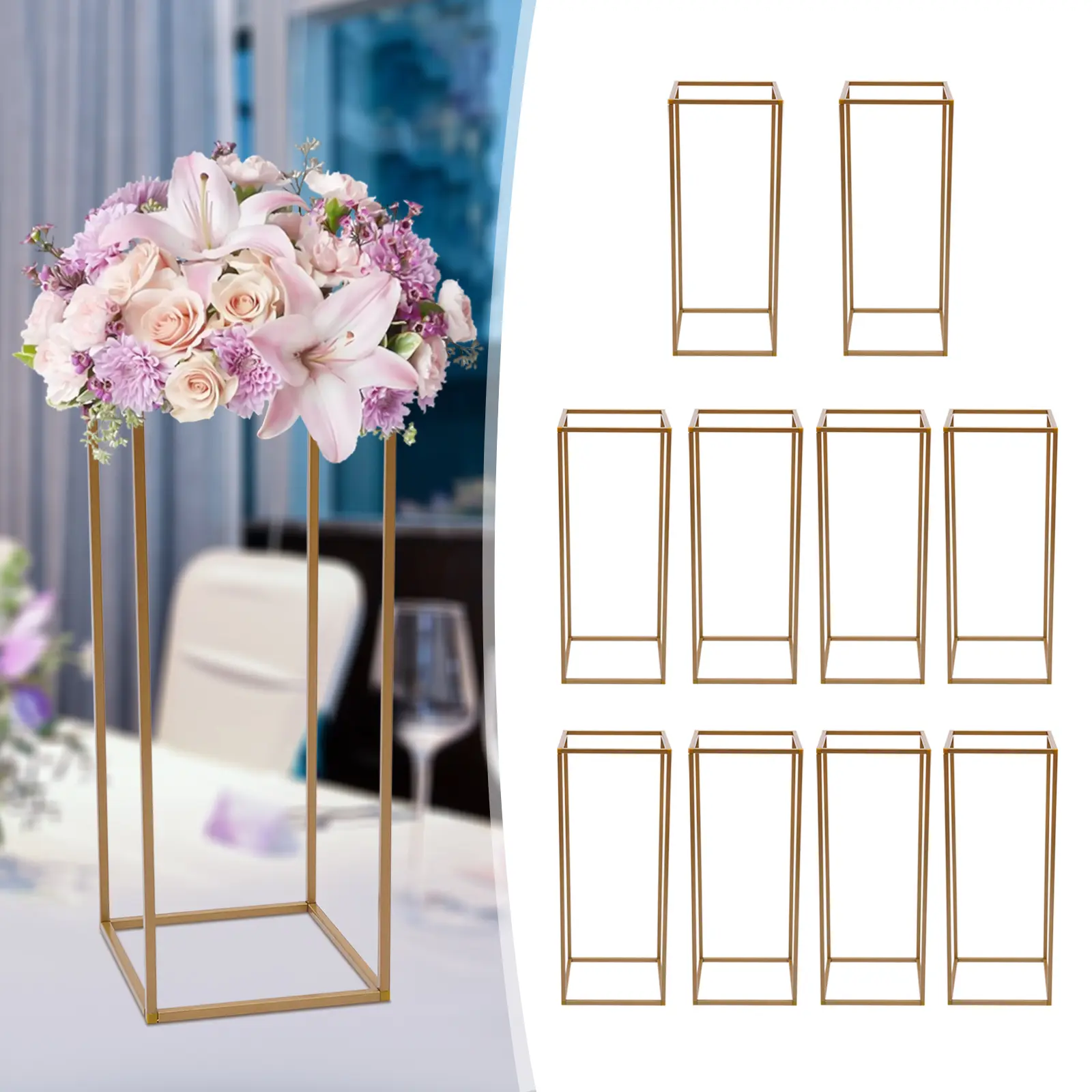 10-Pack Heavy-Duty Modern Gold Metal Flower Stands (24x24x60cm, 10kg Load) - Party Decoration Supplies, Wedding Bouquet Displays, Table Centerpieces, Table Centerpieces Decor