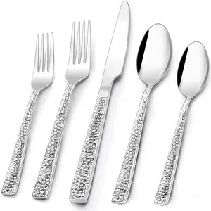 60-Piece Hammered Silverware Set for 12, Stainless Steel Square Flatware Cutlery Set, Eating Utensils Sets Include Knife Fork Spoon, Modern Design & Mirror Polished - Dishwasher Safe