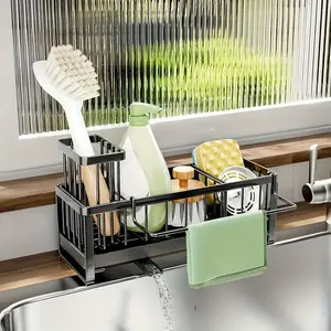 Carbon Steel Self-Draining Sink Organizer Rack with Brush Holder, Space-Saving Countertop Storage, Design, Kitchen Utensils Holder, Ideal for Kitchen Bathroom RV