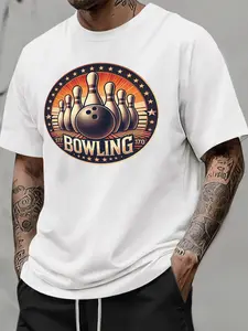 70s Retro Bowling League Print T-Shirt, Comfortable Casual Wear, Bowling Enthusiast Style, Men's Daily/at-Home Short Sleeve Top