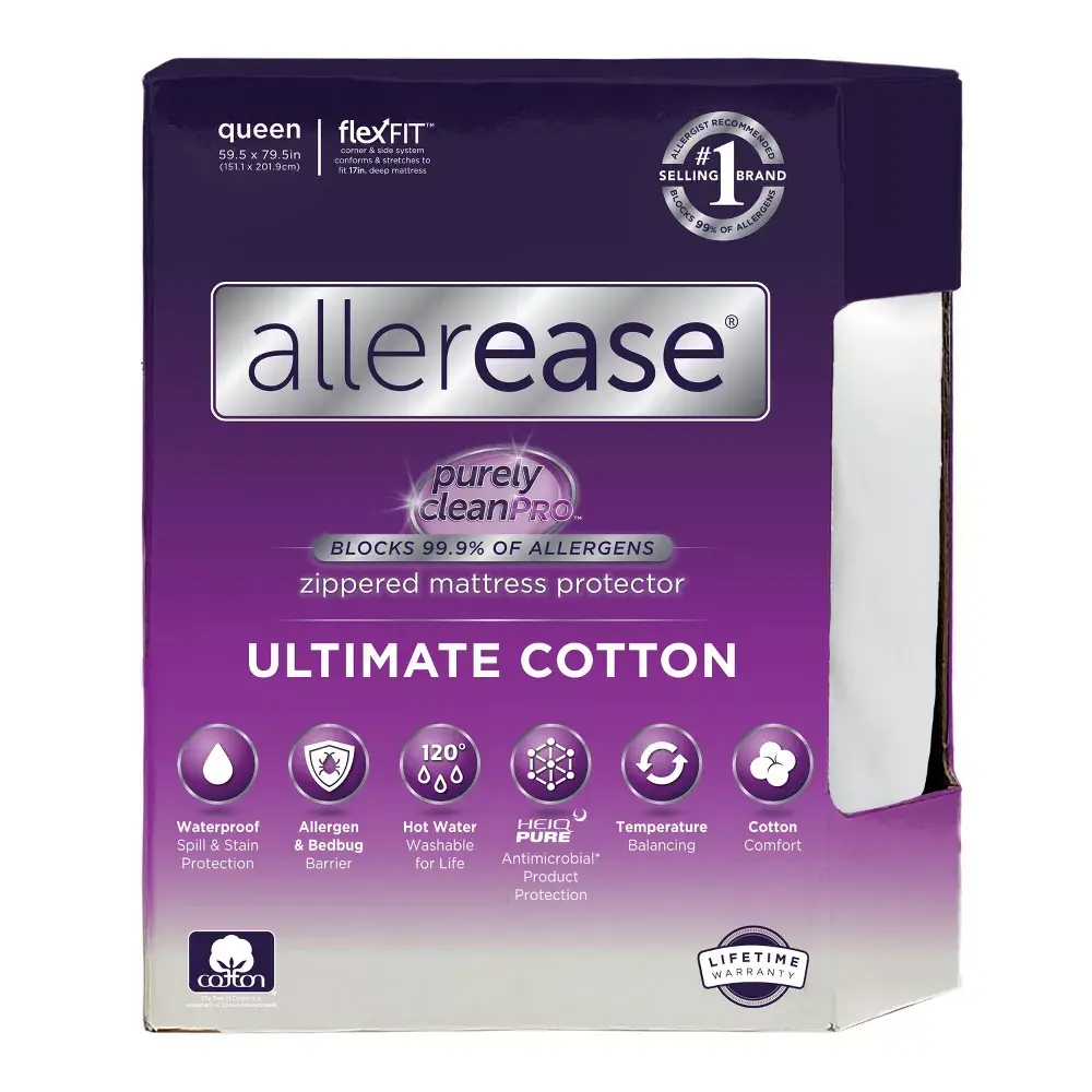 AllerEase Ultimate Cotton Top Waterproof Allergen and Bedbug Barrier Zippered Mattress Cover Protector