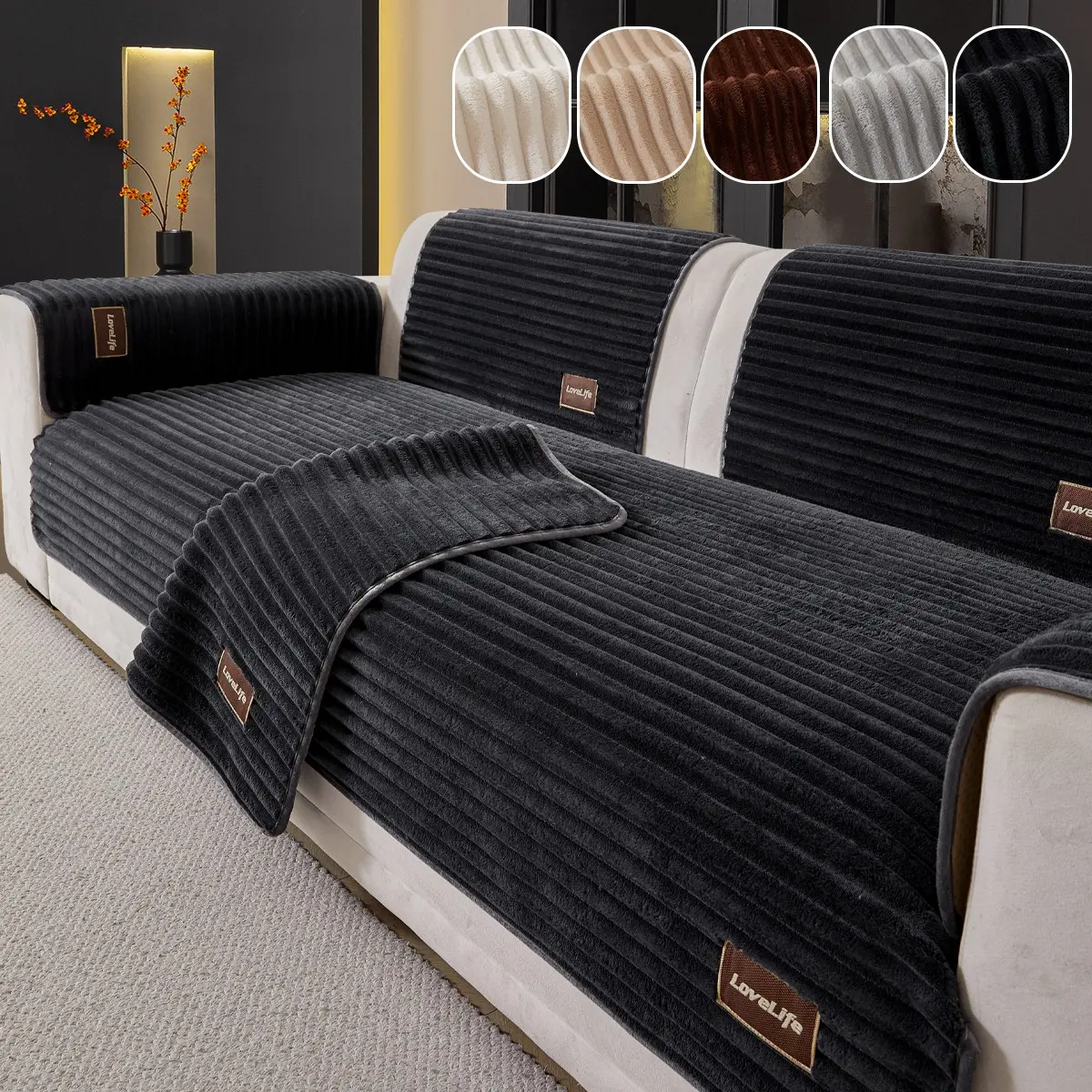 Luxurious Plush Sofa Pad, Fall Winter Striped Long Fluff Material, Washable with Non-Slip Particles, Pet-Friendly Decorative Cushion, Sofa Protector