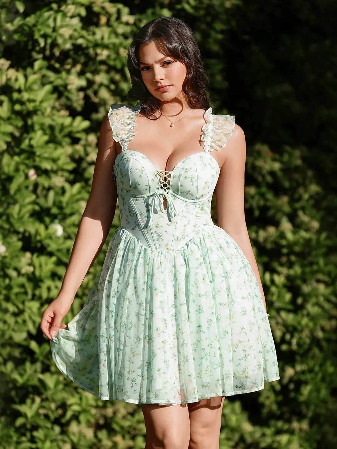 Popilush Mini Dress Women's Casual Off-The-Shoulder Lace Sculpting Corset Fit & Flare Dress Build-in Corset