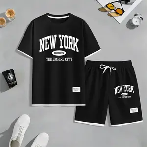 Men's New York Print Waffle Fabric Short-Sleeved Shirt And Shorts Set