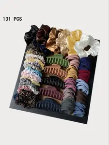 131 Piece Simple Hair Clips, Hair Claws and Tie Set, Korean Style Elastic Ponytail Holders, Moleskin Color Series for Parties Casual Gym Wear