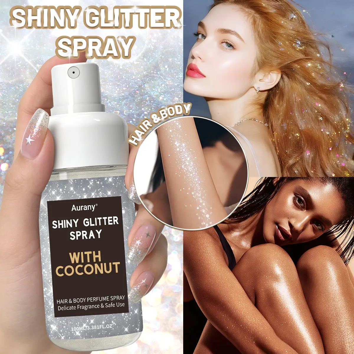 Shiny Glitter Glow Spray -Coconut Milk Summer Cooling Body Spray, Moisturizing, Hydrating, Hydrate Spray, Body Spray Dating & Daily Spray, Cooling Shiny Spray For All Types Of Skin, Unisex, Christmas, Spring Festival Gifts, Easy To Carry - 100ml