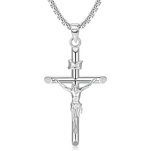 925 Sterling Silver Crucifix Necklace for Men Women, 2mm Sterling Silver Rolo Chain with Small or Large Crucifix Pendant, Jesus Crucifix Cross Necklace 16-24 Inches Christian Religious Jewelry Gifts