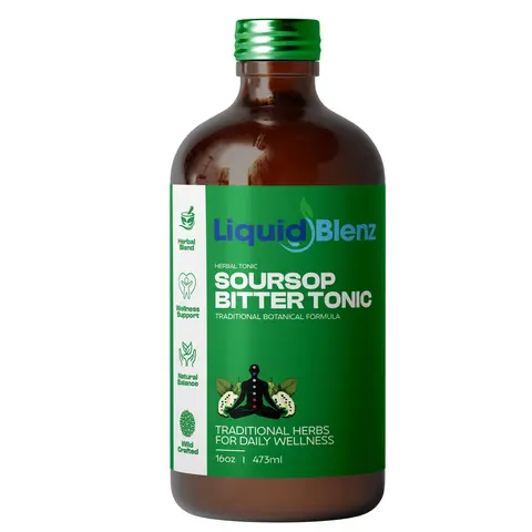 LiquidBlenz Soursop Bitters, Alcohol-Free Herbal Bitters Detox for Digestive Wellness and Imune Function with Soursop Leaves, Moringa, Turmeric, Sea Moss, Ginger &  15 Botanicals, Traditional Caribbean Liquid Herbal Supplement, Made in USA 16 fl oz