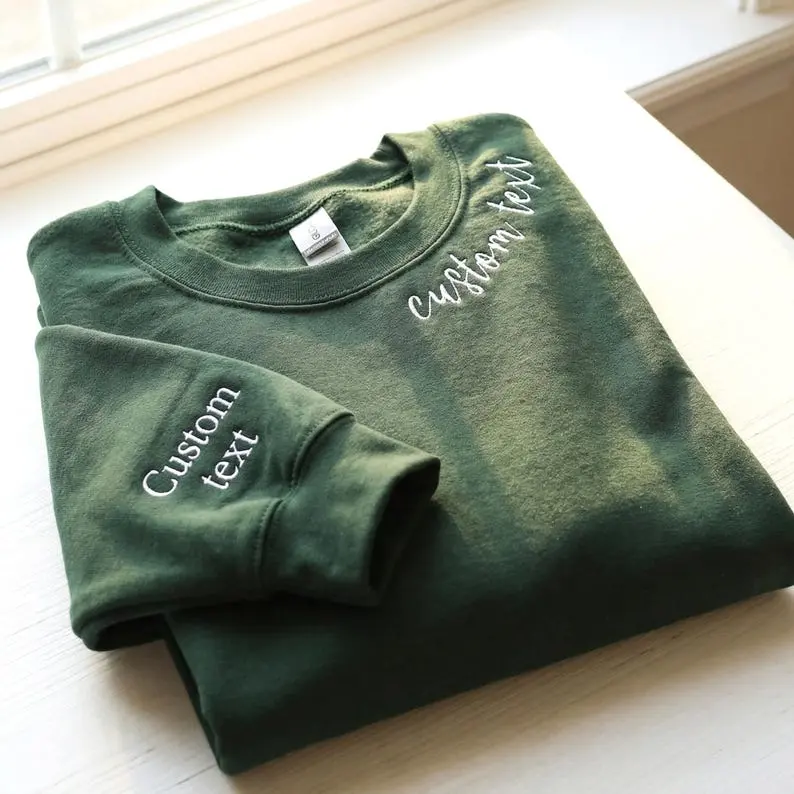 Personalized Embroidered Text Sweatshirt, Custom Quote Crewneck with Sleeve Initials, Custom Collar Embroidery Pullover, Varsity Style Sweatshirt, Gift for Her