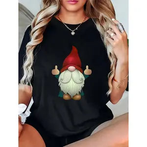 Women's Funny Gnome with Red Hat & White Beard Middle Finger Print T-Shirt, Casual Black Crew Neck Tee, Humorous Top for Daily Wear, Parties, or Gag Gifts for Ladies 100% Cotton T-shirt