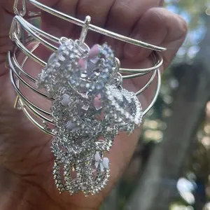 Ribbon Diamond Silver Metallic Bangle Bracelets with Sparkling Diamond Design and Elegant Silver Finish