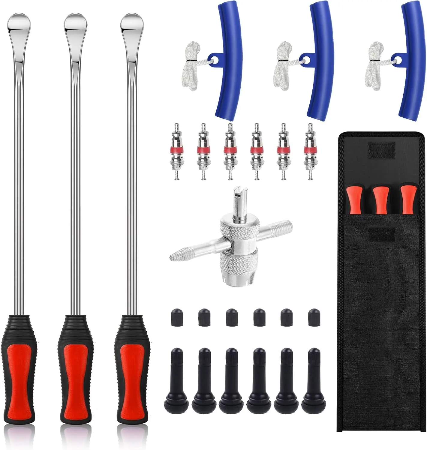 14.5" Tire Spoon Kit, 26pcs Tire Changing Tool for Motorcycle Dirt Bike Lawn Tractor Bicycle, Motorcycle Tire Changer Tire Removal Tool with 3pcs Rim Covers 6pcs Valve Tool Valve Cores