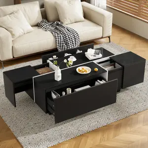 47.2''-72.7'' Extendable Coffee Table, Multi-Functional Coffee Table with High-Gloss Finish, Coffee Table with 2 Hidden Storage Space and 2 Drawers for Living Room