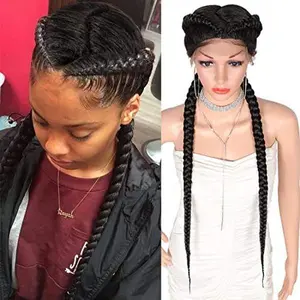 Kalyss 35" Extra Long Lace Front Zig Zag Part Braided Wigs for Black Women Black Dutch Synthetic Braids Wig Natural Looking Lace Frontal Twist Box Braided Wig with Baby Hair