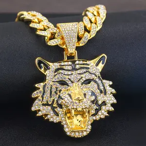 A Shiny Tiger Pendant With A Cuban Ice Chain, Unisex Hip-hop Pendant Necklace.