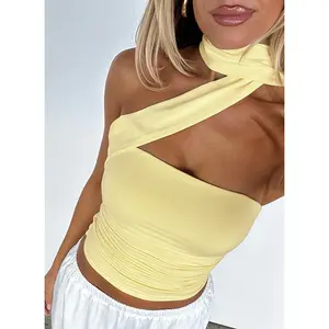 Solid Color Adjustable Neck Tie Strapless Crop Top with Ruched Side Women's 2025 Fall New Slim Fit Essential for Holiday Beach Party & Night Dating Outfits Ladies Casual Sleeveless Short Tank Vest