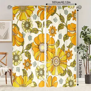 Vintage Polyester Floral Curtains Set, Window Curtain, Home Decoration Curtain, Daisy Flower Pattern Colorful Drapes, Half-Blackout Rod Pocket Design, Casual Style