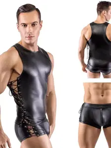 Men's Leather Costume Set, Sexy Bondage Harness Vest Shorts Stage Bar Performance, Top Pants Combo