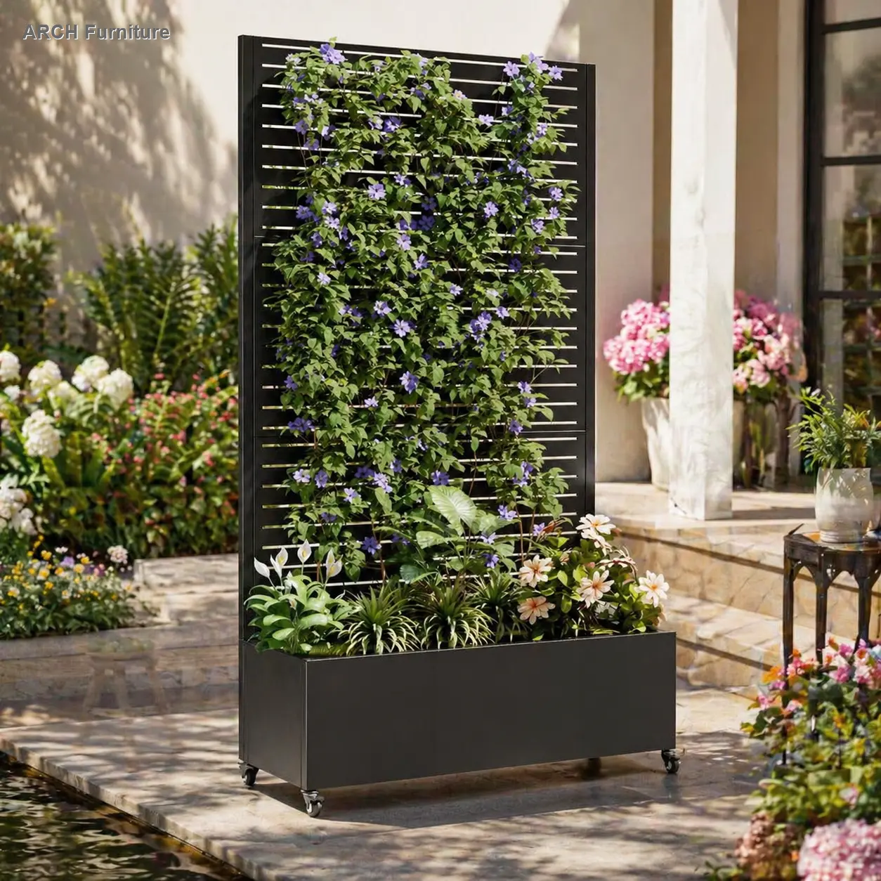 Galvanized Steel Rectangular Arch Planter with Trellis, 73"x35"x16" Rustproof Raised Bed Garden, 12" Deep Planter with Drainage Holes, Lockable Wheels, Privacy Screen for Outdoor Backyard Climbing Plants