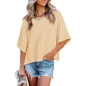 Fessceruna Women's Summer Casual Crewneck Batwing Half Sleeve T-Shirts Solid Color Loose Fit Cute Basic Flowy Tops Tees Blouses