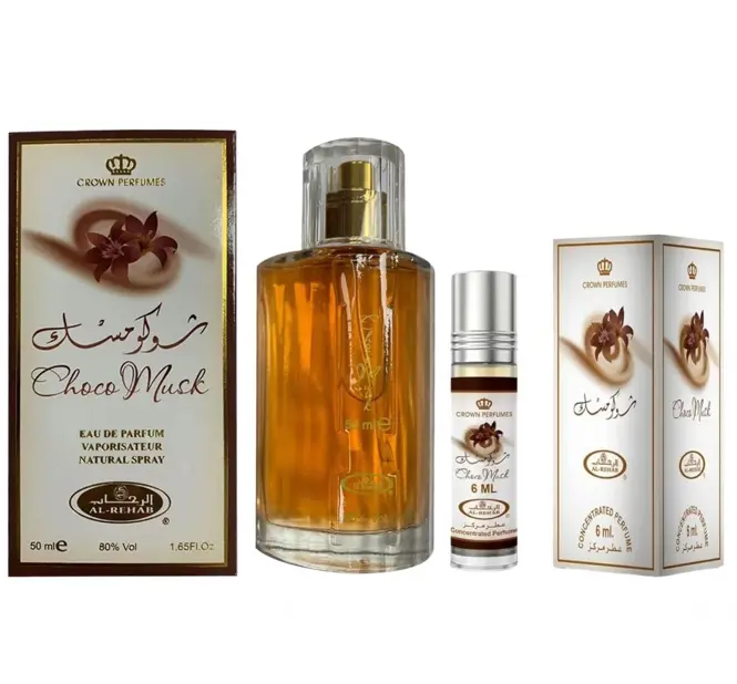 Al Rehab Unisex 2-Piece Limited Edition Choco Musk Fragrance Set - 50ml EDP Spray, 6ml Roll-On Oil with Amber, Vanilla, Cinnamon, Milk Chocolate, Sandalwood Notes, Highly Scented, Pocket-Size, Miniaturized, Potent Musk Unisex Fragrance