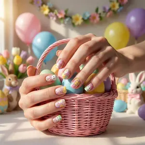 24pcs Cute Bunny Nail Art Set, Press-On Short Square Nails, Includes Jelly Glue & Nail File, Easy Wear, Perfect for Parties, Dance, Daily Use