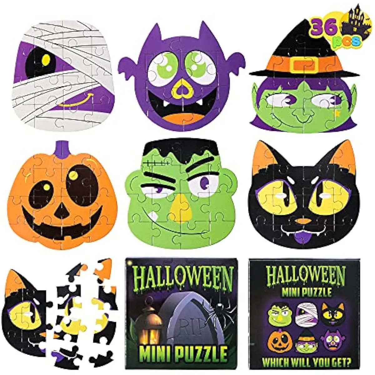 JOYIN 36 Pcs Halloween Jigsaw Puzzle Set for Kids Party Favors, 6 Characters Paper Board Mini Puzzles in Blind Boxes, Halloween Mystery Toy Surprise Box for School Activities Gifts Party Games