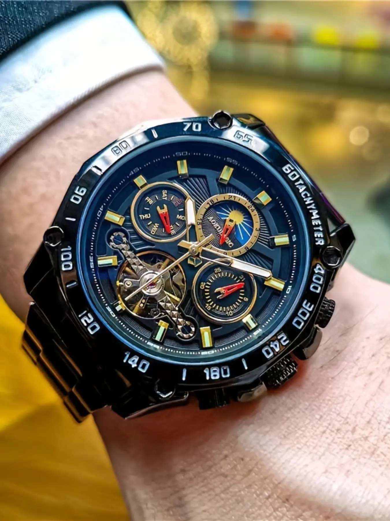Men's High-End Mechanical Watch, Automatic Skeleton Tourbillon, Luminous Calendar, Fashionable Round Analog Face, Ideal Gift Choice, Automatic Watches, Trendy Watch, Mechanical Style Watches, Fashionable Wristwatch