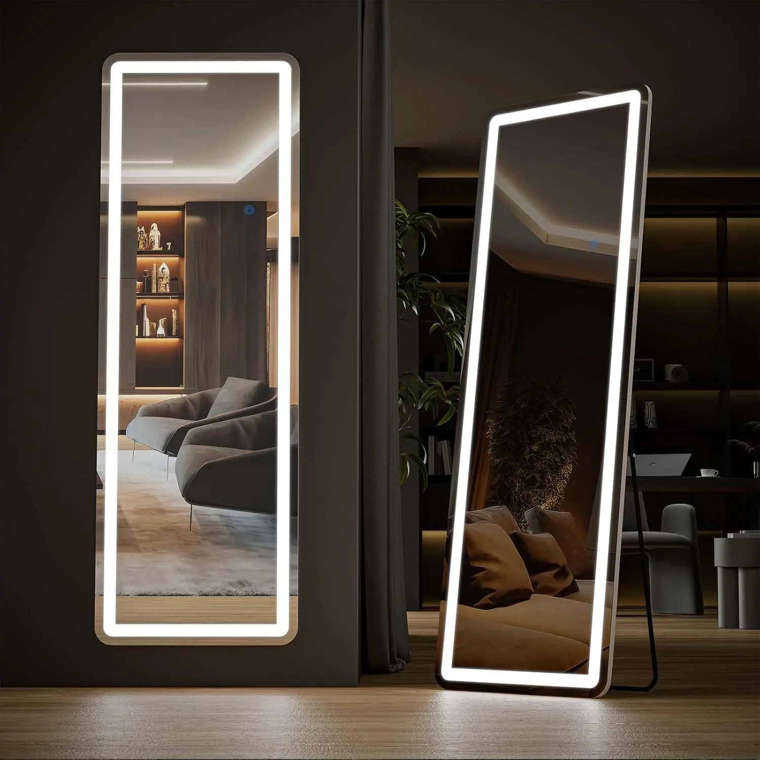 Right Angles Full Length Mirror with LED Lights, 64"x21" Lighted Standing Mirror with Stand or Wall Mount – Dimmable & 3-Color Lighting, Large Full Body Mirror for Bedroom, Living Room, Dressing Room, Cloakroom,White