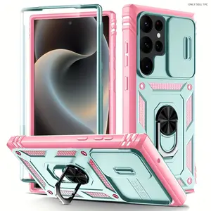 Shockproof Protective Case, Accessories for Galaxy S26 S25 S24FE S23FE S22 S21FE S20FE Ultra Plus A56 A55 A54 A36 A35 A34 A26 A25 A24 5G 4G 360° Rotating Metal Stand Phone Protection Case with Sliding Lens Cover Car Magnetic Bracket Function