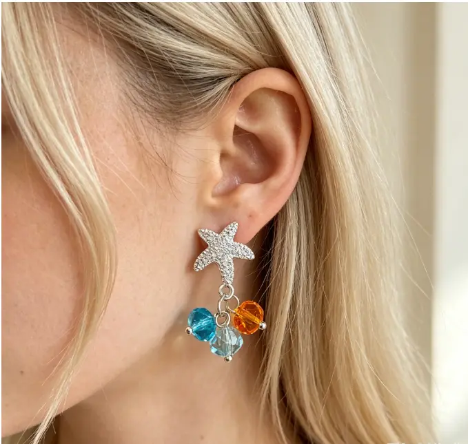 Sparkling Starfish Dangle Earrings with Blue-Orange Crystal Beads for Women, Lightweight 2.2 cm Hypoallergenic Studs, Casual Beach Jewelry, 1 Pair, Bead Earrings, Adults, Cut Acrylic Crystals, Daily, Drop Earrings