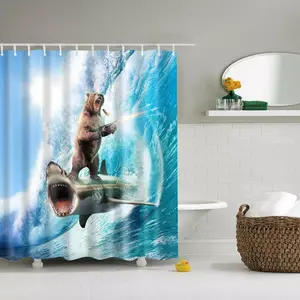 Cartoon Bear & Shark Pattern Shower Curtain Sets, Funny Shower Curtains Waterproof Bathroom Curtain with 12pcs Hooks, Bathroom Accessories, Home Supplies