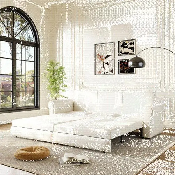 [AURA] Chesterfield Sofa,93.7" King Pull Out Sofa Bed,3-in-1 Faux Leather Convertible Sleeper Sofa with Nailhead Trim & Rolled Arm,Multi-Functional Sofa Bed for Living Room,Bedroom  cozy furniture