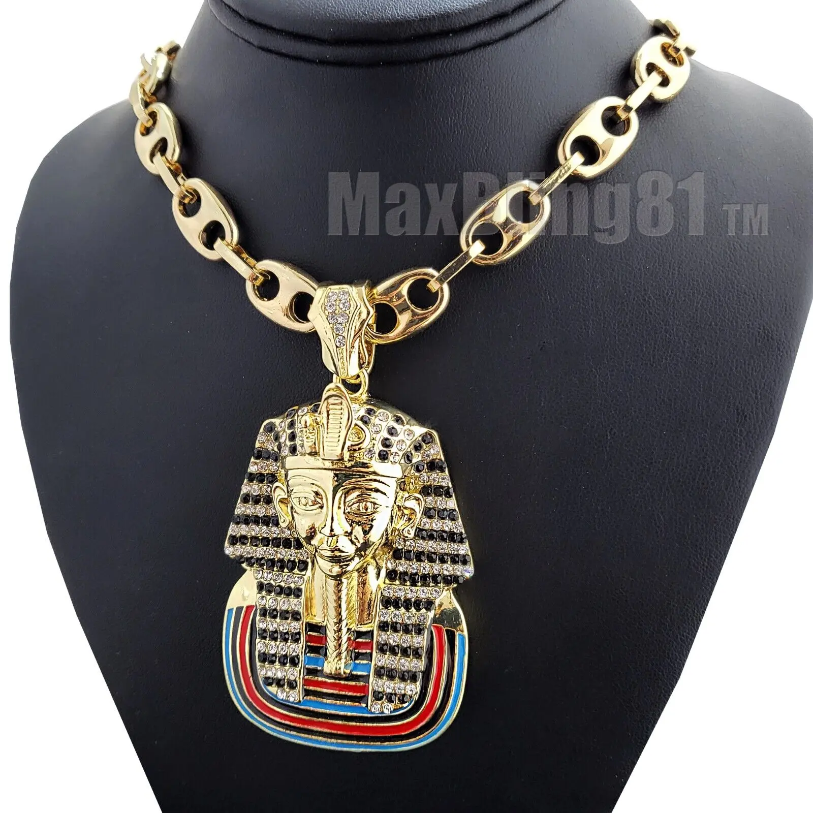 MaxBling81 Unisex Hip Hop King Tut Pharaoh Iced Cubic Zirconia Rhinestone Pendant Necklace - 10mm Pendant, 20"-30" Mariner Chain, Gold or Silver Plated Fashion Costume Jewelry, Rhinestone Pendant Jewelry