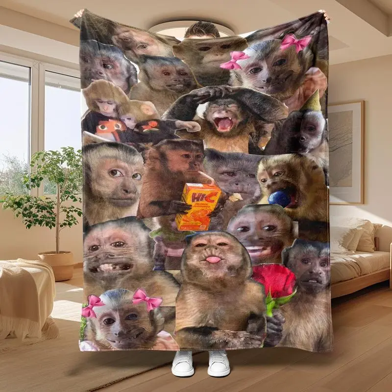 Funny Monkey Meme Print Unisex Cooling Flannel Animal Blanket - Breathable All-Seasons Decorative Cartoon Throw for Couch, Ideal Gift for Meme Lovers