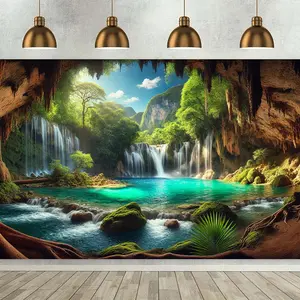Backdrop Banner 1pc, Waterfall Cave Scenic Wonder Background Cloth Wall Decor, Polyester Fabric Wall Covering, For Living Room Bedroom Office Home Outdoor Decor/ Party Deco, Holiday Gift, No Electricity Required, 243.84x182.88cm