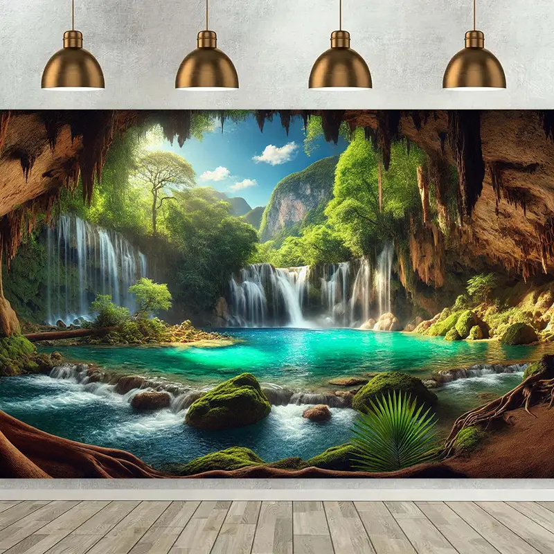 Large-Size Summer Vibe Waterfall Cave Scenic Print Polyester Backdrop Banner - 1pc Wall Hanging Tapestry, 243.84x182.88cm, No Electricity Needed, Indoor-Outdoor Home/Party Decor