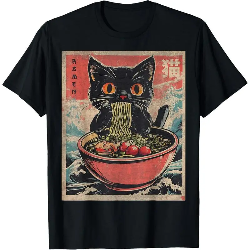 Women's Cotton Short-Sleeve Fitted T-Shirt - Casual Classic Fabric, Japanese Funny Cat Ramen Print, Kawaii Anime Streetwear, Athletic Ideal Gift Option, Shortsleeve, Digital Print, All Over Print