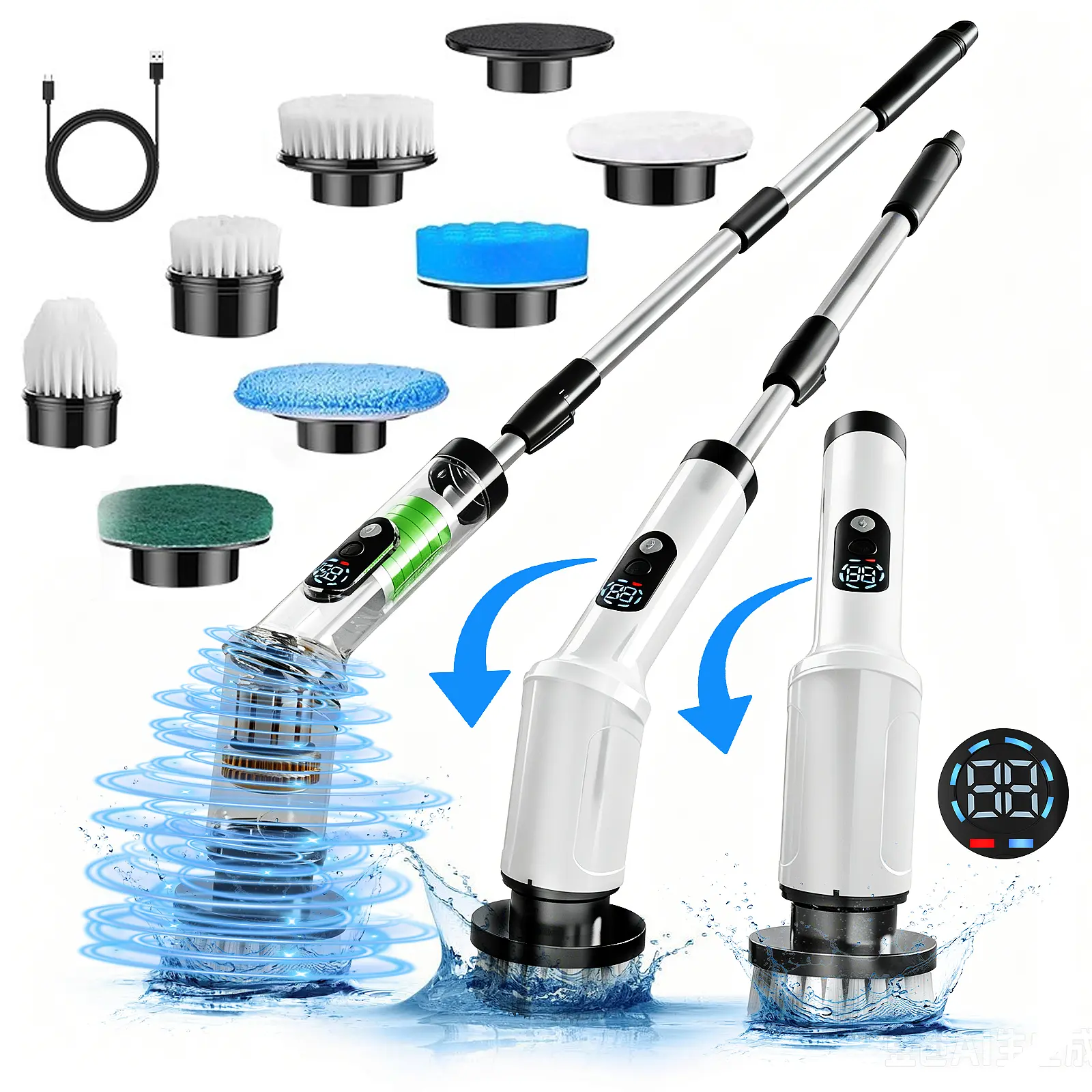 Electric rotating cleaning brush,dual-speed adjustablerechargeable floor scrubber,adjustable and removablehandle, battery level display,comes with 8 replaceable brushheads, suitable for floors,bathrooms, bathtubs, and tiles