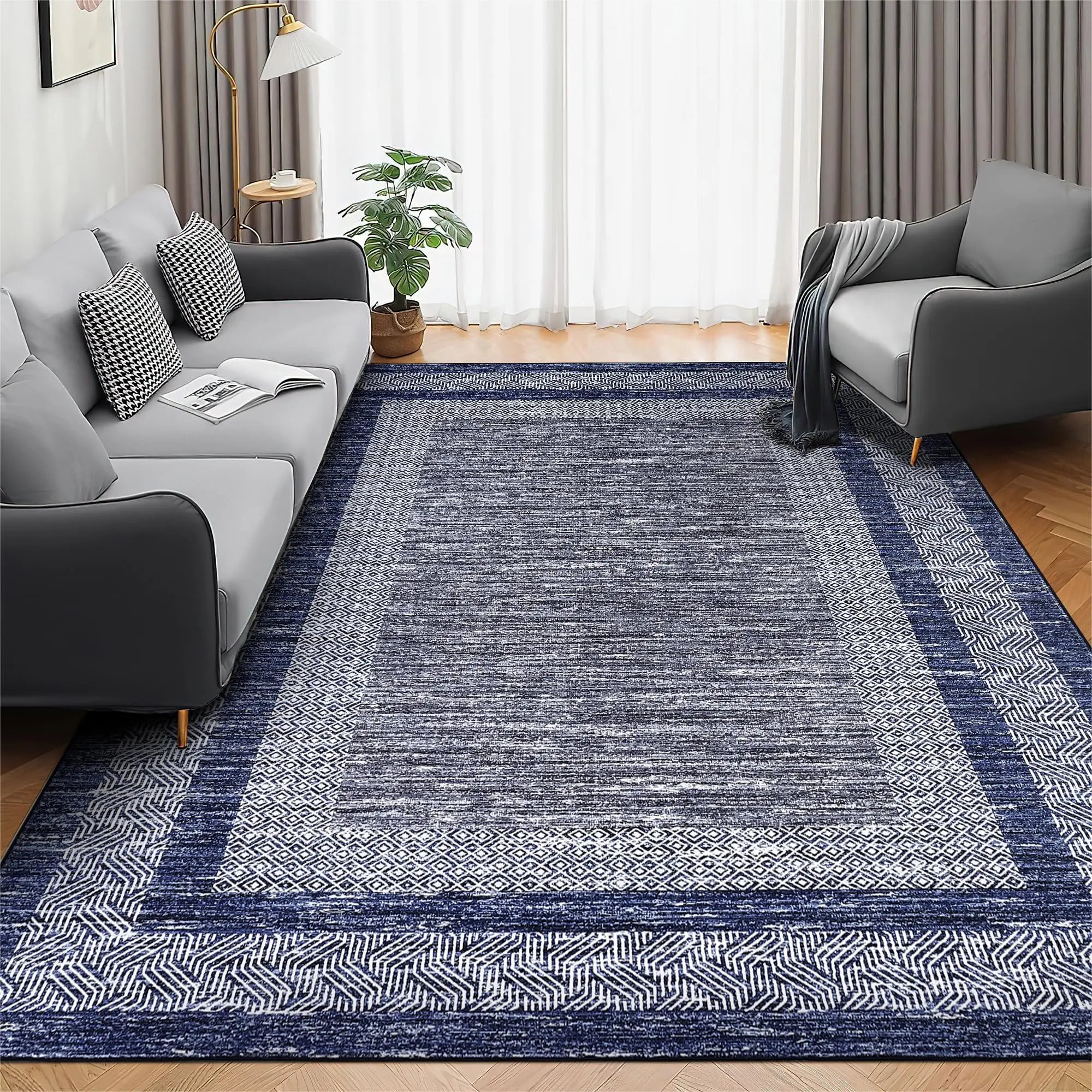 【GARVEE】10x13 Large Washable Geometric Area Rug Non Slip Non Shedding Floor Carpet, Modern Bordered Rug, Distressed Blue Rug, Indoor Printed Rug for Living Room, Bedroom, Office