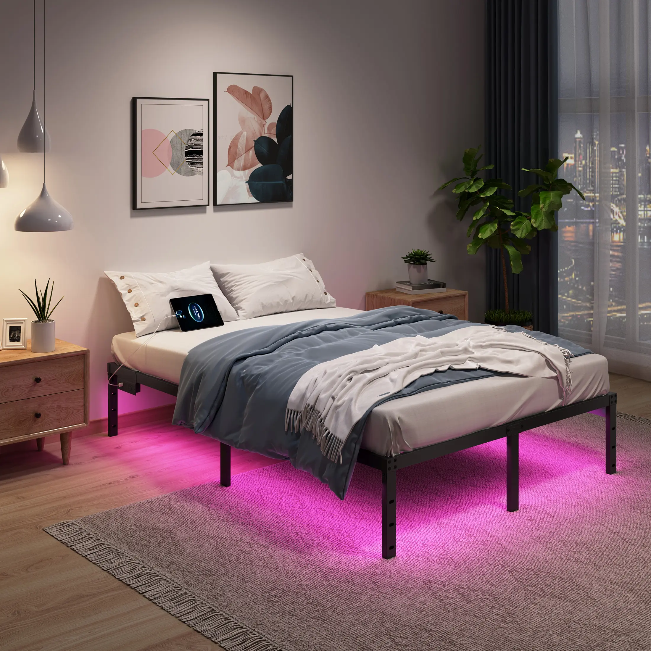 14-Inch Heavy Duty Stainless Steel LED Bed Frame - Queen/Full Size, Color Changing RGB Lights, Under-Bed Storage, Simple and Modern Bedroom Furniture, Assembly Required, Apartment Use