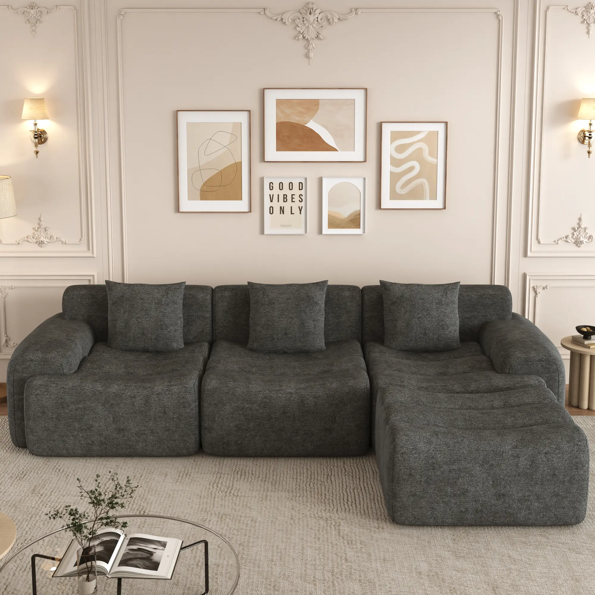 118-in Boneless Modular L-Shaped Sectional Couch with Ottoman, No-Assembly Cloud Couch Set, Deep-Seat Modern Lounge Sofa for Living Room (Indoor Apartment Furniture), Boneless Sectional Couch