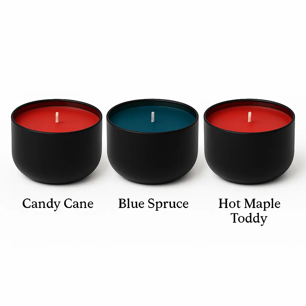 Sweet & Cozy Holiday 3-Pack – Candy Cane, Blue Spruce & Hot Maple Toddy – 8oz Soy Candles