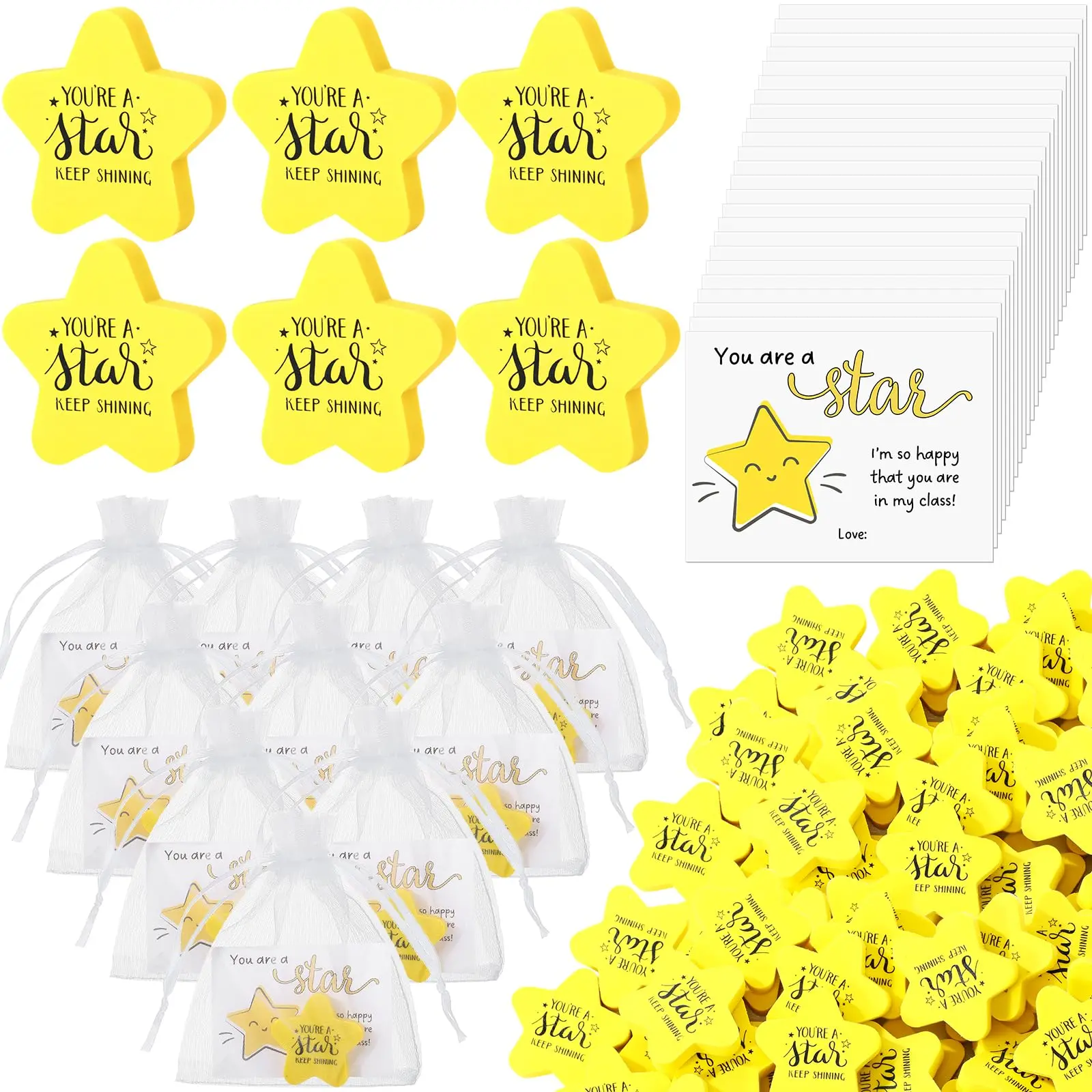 [Back to School Idea]25 Sets Star Erasers with Motivational Cards and Organza Bags, Classroom Rewards for  Students, Teachers, Teacher Prize Box Gifts, First Day of School Favors, Student Incentives, Class Party Gifts, School Supplies