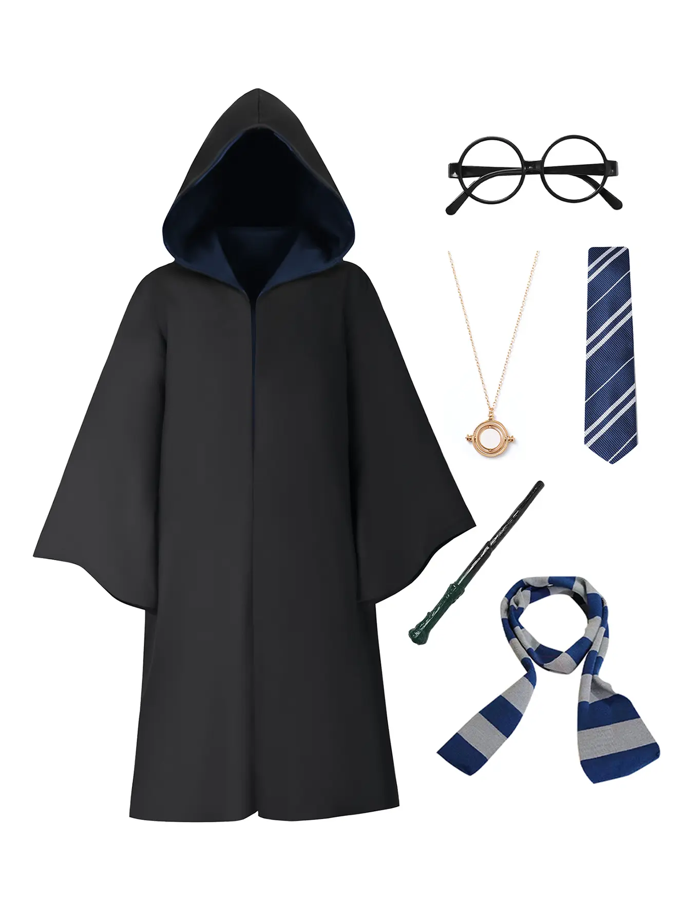Unisex Wizard Costume Set – Hooded Robe/Cloak, Adult & Kids Halloween Costume for Women & Men, includes round-framed glasses, tie, striped knit scarf, magic wand, and necklace, 6-piece set