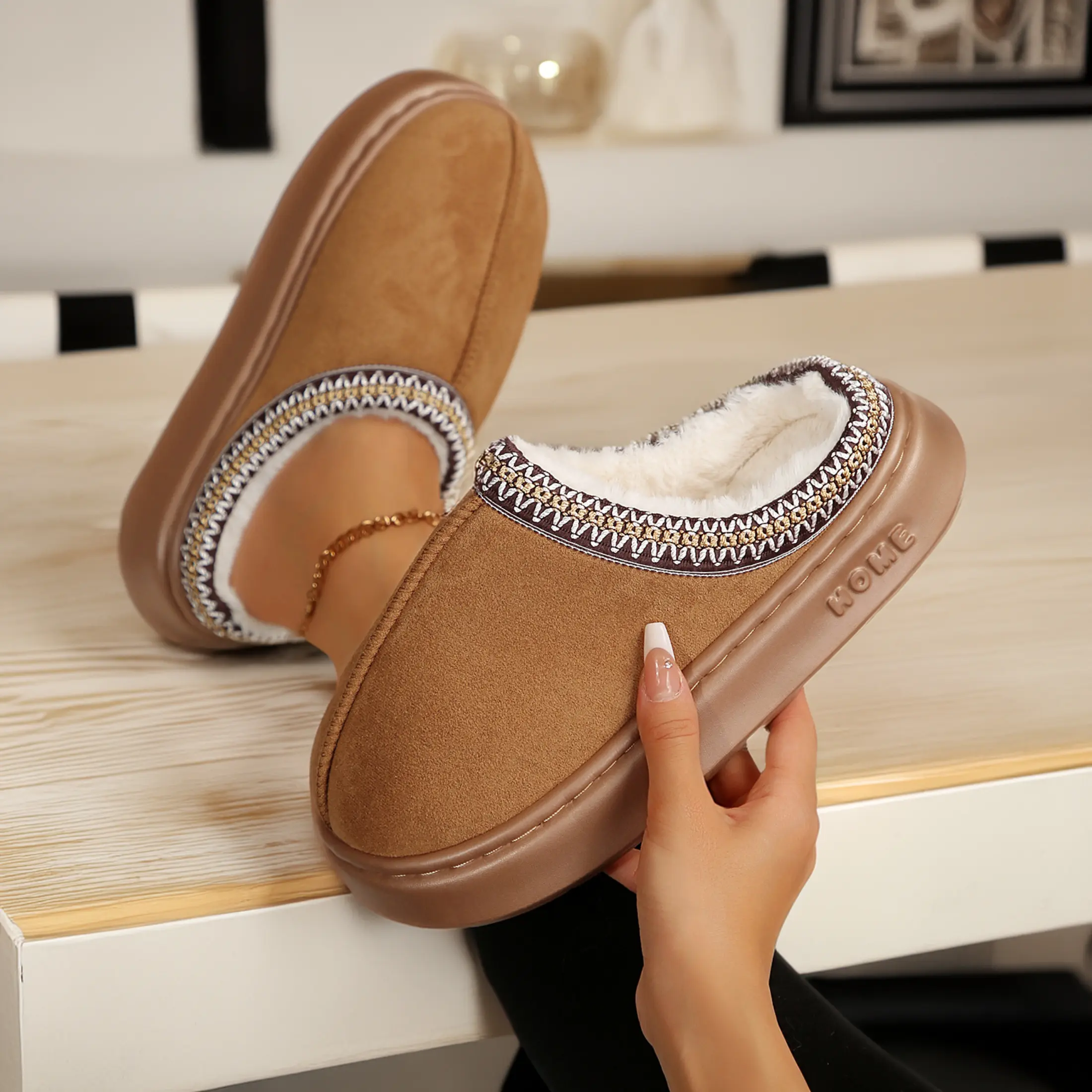Women's Platform Mini Boot Slippers with Suede Leather Anti-Slip Sole for Indoor Outdoor Comfy Fleece Lining Short Ankle Slippe Springfresh Clogs