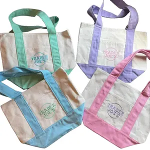 Trader Joe's Pastel Mini Canvas Tote Bags 2026 LIMITED EDITION NWT LOT OF 4 Embroidered Cotton--Single-sided lettered pocket