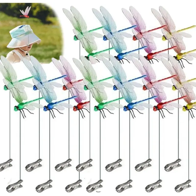 4/12PCS Dragonfly Hat Clip Bug Repellent,Outdoorhat Clip on Fake Dragonfly Rod clipfor Bug Repellent, 3D Dragonfly GardenStakes Decor, Multicolor Waterproof, EasyAttachment for indoor Outdoor Mosquito repellent DRAGONFLY