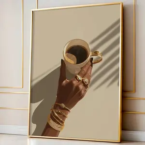 Black Girl Coffee Cup Art | Melanin Hand Illustration | Chic Feminine Neutral Decor | Modern Minimalist Digital Wall Print P