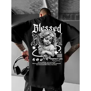 Men's "Blessed" Angel and Inspirational Verse T-shirt - Psalm 23:1-6 Print, Loose Fit Short Sleeve Crew Neck, 100% Shiny Casual Shirt, Suitable for Church, Summer Casual Wear, Religious Gift Option (Comfortable Apparel)